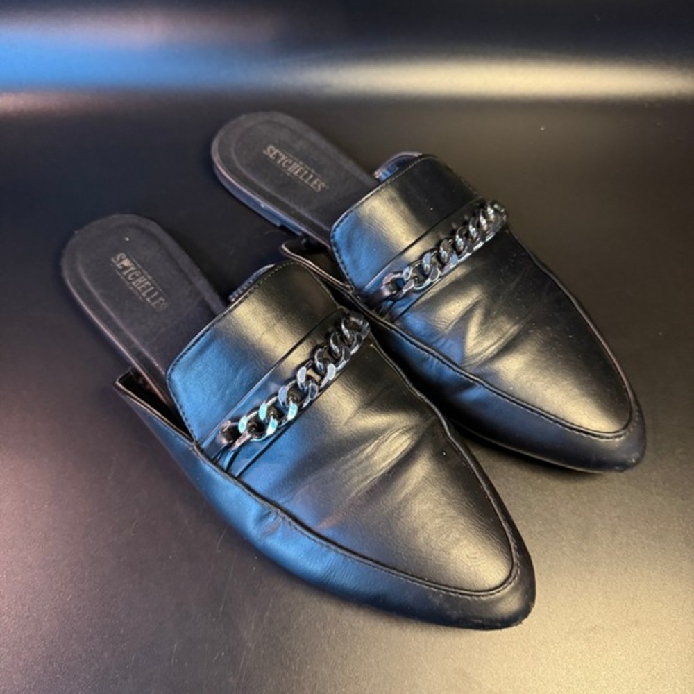 Seychelles Chain Detail Black Leather‎ Pointed Toe Mule Flats Womens 8.5